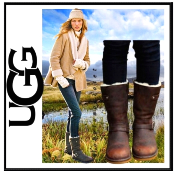 UGG 5678 Kensington Women Size 10 Brown Leather Shearling Lined Buckle Moto Boot